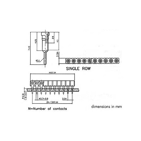 BARRETTE FEMELLE POUR CI, SIMPLE RANGEE A 36 CONTACTS, PAS 2.54mm