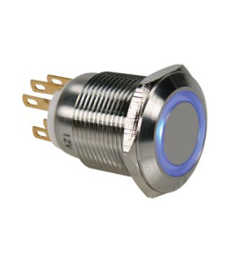 BOUTON-POUSSOIR EN ACIER INOXYDABLE SPDT 1NO 1NC - ANNEAU BLEU - 19mm 