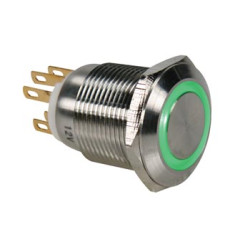 BOUTON-POUSSOIR EN ACIER INOXYDABLE SPDT 1NO 1NC - ANNEAU VERT - 19mm 