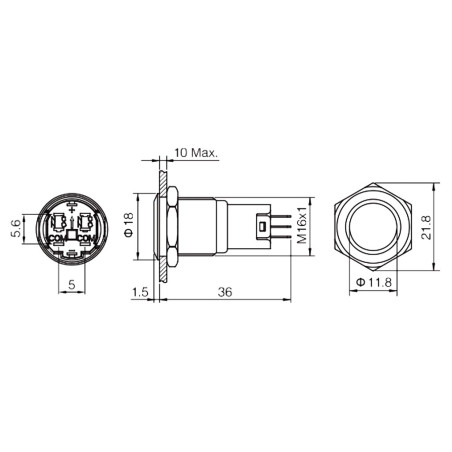 BOUTON-POUSSOIR EN ACIER INOXYDABLE SPDT 1NO 1NC - ANNEAU ROUGE - 19mm