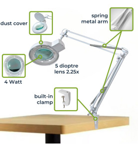 Lampe de travail de bureau à LED avec loupe - 5 dioptries - 4 W - 48 L