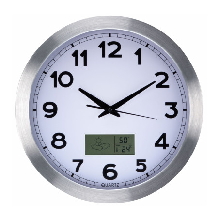 HORLOGE MURALE  EN ALUMINIUM AVEC ÉCRAN LCD ET THERMOMÈTRE, HYGROMÈTRE