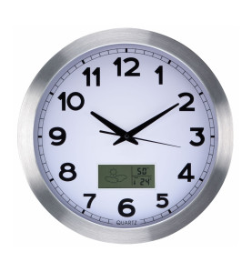 HORLOGE MURALE  EN ALUMINIUM AVEC ÉCRAN LCD ET THERMOMÈTRE, HYGROMÈTRE