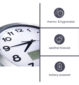HORLOGE MURALE  EN ALUMINIUM AVEC ÉCRAN LCD ET THERMOMÈTRE, HYGROMÈTRE