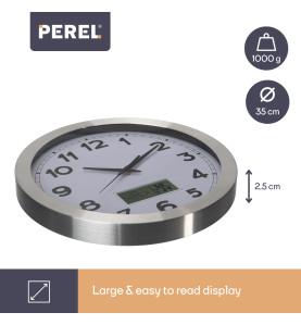 HORLOGE MURALE  EN ALUMINIUM AVEC ÉCRAN LCD ET THERMOMÈTRE, HYGROMÈTRE