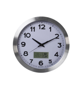 HORLOGE MURALE  EN ALUMINIUM AVEC ÉCRAN LCD ET THERMOMÈTRE, HYGROMÈTRE