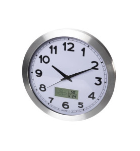 HORLOGE MURALE  EN ALUMINIUM AVEC ÉCRAN LCD ET THERMOMÈTRE, HYGROMÈTRE