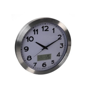 HORLOGE MURALE  EN ALUMINIUM AVEC ÉCRAN LCD ET THERMOMÈTRE, HYGROMÈTRE