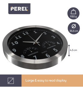 HORLOGE MURALE  EN ALUMINIUM AVEC THERMOMÈTRE & HYGROMÈTRE - Ø 35.5 cm
