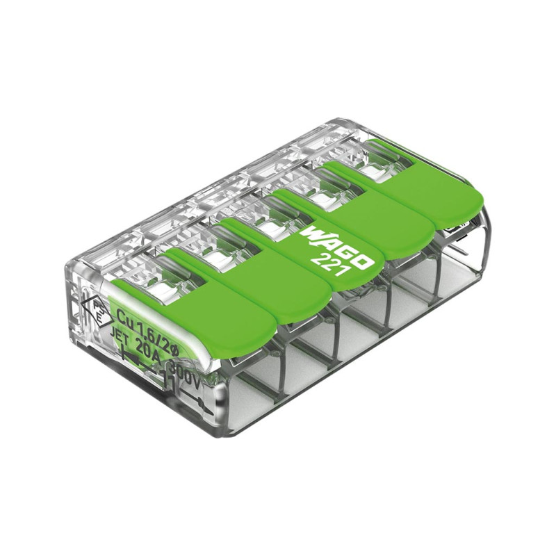 Connecteur d'épissure compact 5 x 0,2 - 4 mm² pour tous types de fils - vert Connecteur d'épissure compact 5 x 0,2 - 4 mm² pour tous types de fils - vert