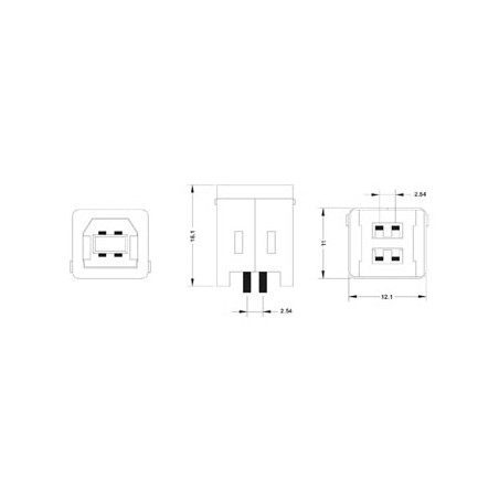 USB B FEMELLE, SIMPLE CONNECTEUR 180°, POUR CI