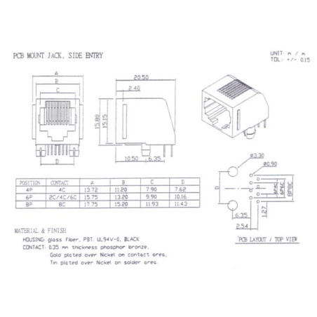 CONNECTEURS MODULAIRES POUR CI RJ10 4P4C, VERSION COUDE