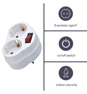 PRISE INTERMÉDIAIRE AVEC INTERRUPTEUR ON/OFF - 2 PRISES - SCHUKO - PRL
