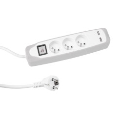 BLOC MULTIPRISE AVEC INTERRUPTEUR - 3 PRISES - 2 PORTS USB - GRIS/BLAN