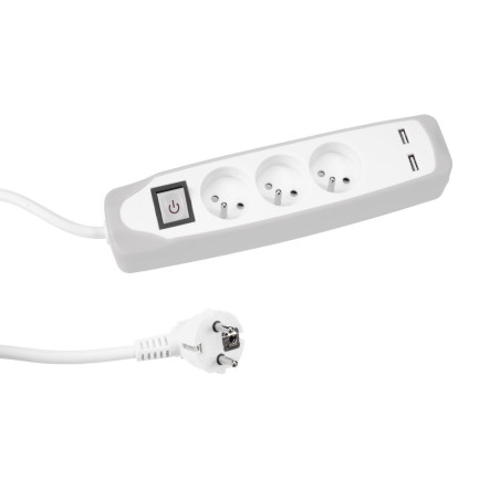 BLOC MULTIPRISE AVEC INTERRUPTEUR - 3 PRISES - 2 PORTS USB - GRIS/BLAN