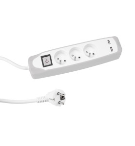BLOC MULTIPRISE AVEC INTERRUPTEUR - 3 PRISES - 2 PORTS USB - GRIS/BLAN