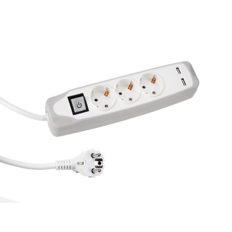 BLOC MULTIPRISE AVEC INTERRUPTEUR - 3 PRISES - 2 PORTS USB - CÂBLE DE 