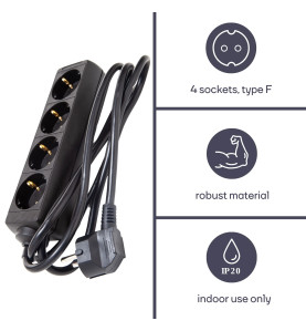 BLOC MULTIPRISES - 4 PRISES - CÂBLE DE 1.5 m - NOIR - SCHUKO - PRL