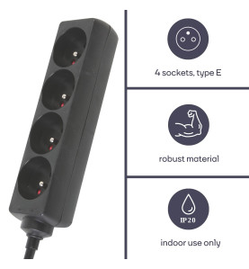 BLOC MULTIPRISE, 4 PRISES - CÂBLE DE 1.5 m - NOIR - TERRE FRANÇAISE - 
