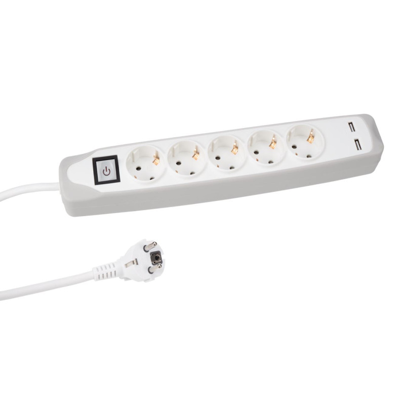 BLOC MULTIPRISE AVEC INTERRUPTEUR - 5 PRISES - 2 PORTS USB - CÂBLE DE 1.5 m - GRIS/BLANC - SCHUKO