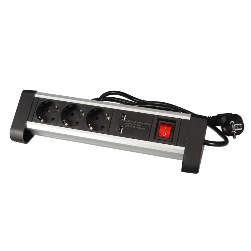 MULTIPRISE DE TABLE - 3 PRISES - 2 PORTS USB - 2.4 A - TERRE ALLEMANDE MULTIPRISE DE TABLE - 3 PRISES - 2 PORTS USB - 2.4 A - TERRE ALLEMANDE