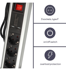 MULTIPRISE DE TABLE - 3 PRISES - 2 PORTS USB - 2.4 A - TERRE ALLEMANDE