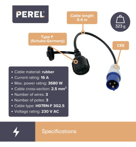 CÂBLE ADAPTATEUR AVEC PRISE SCHUKO VERS FICHE CEE - TERRE ALLEMANDE - 