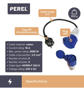 CÂBLE ADAPTATEUR AVEC FICHE SCHUKO VERS PRISE CEE - 3 m - PRL