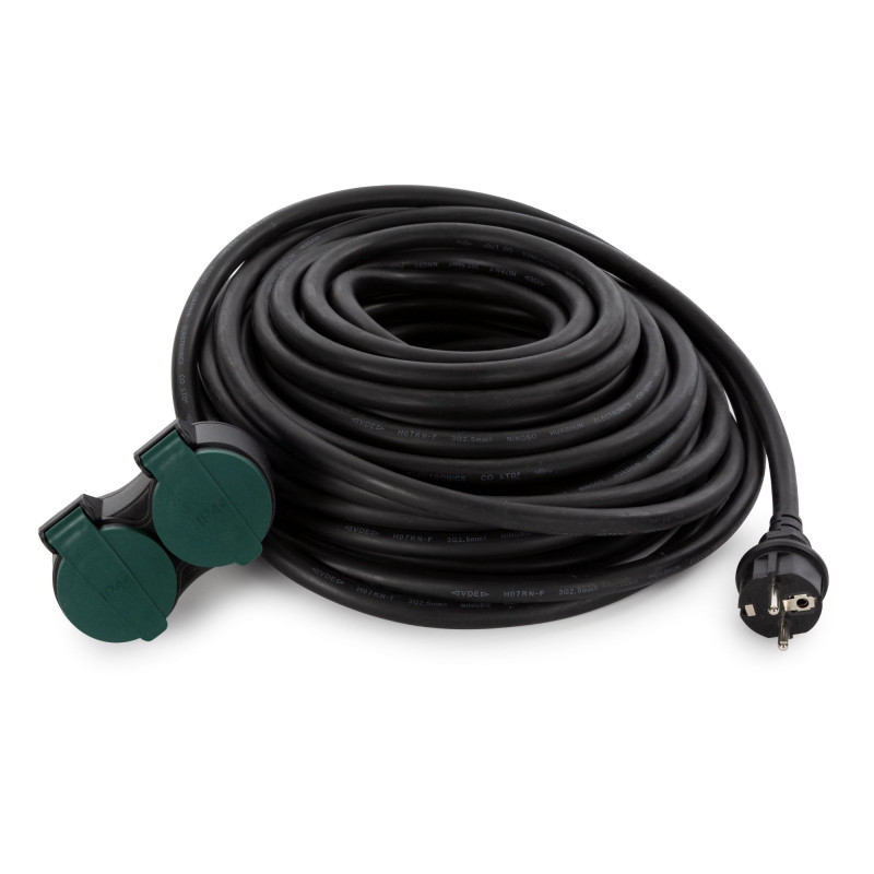 RALLONGE ÉLECTRIQUE AVEC 2 PRISES - USAGE EXTÉRIEUR - 20 m - NOIR - 3G2.5 - TERRE FRANÇAISE -