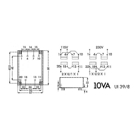 TRANSFORMATEUR BAS PROFIL 10VA 2 x 24V / 2 x 0.208A