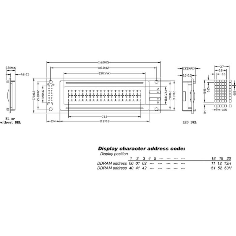 LCD 20 x 2 "BOTTOM VIEW" TYPE TRANSFLECTIF - AVEC RETRO-ECLAIRAGE JAUNE